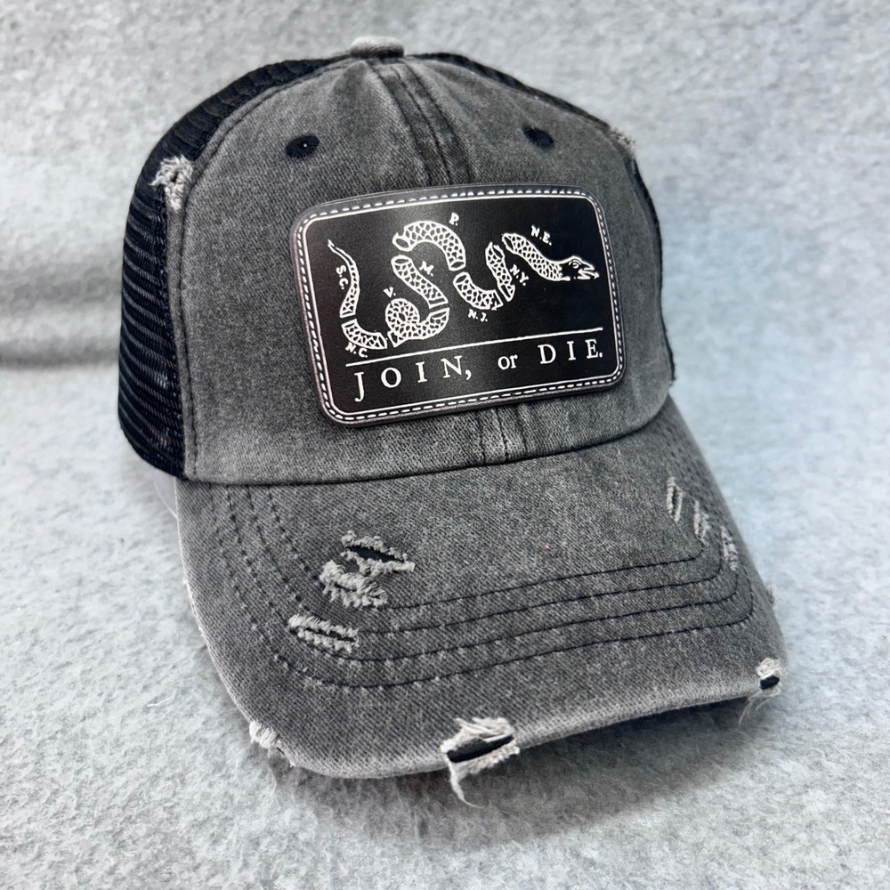 Join or Die Snake Patch Womens Gray Trucker Hat Ponytail Distressed OSFA